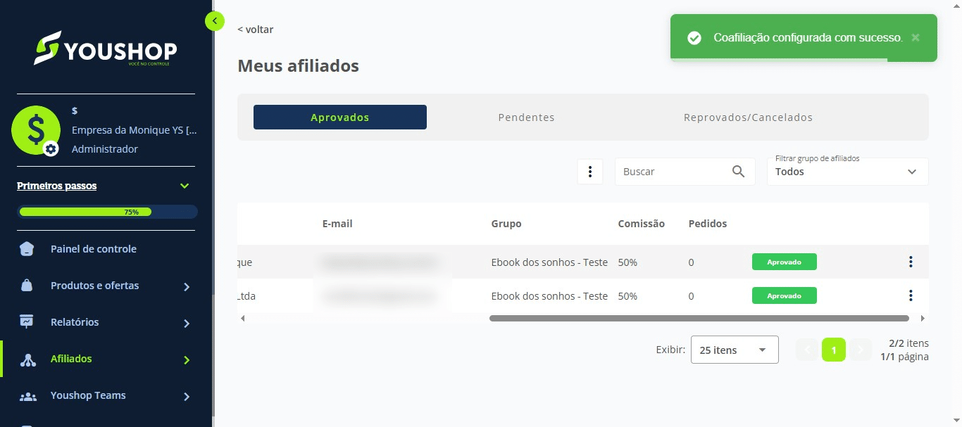 Pronto! Sua coafiliação foi configurada com sucesso.