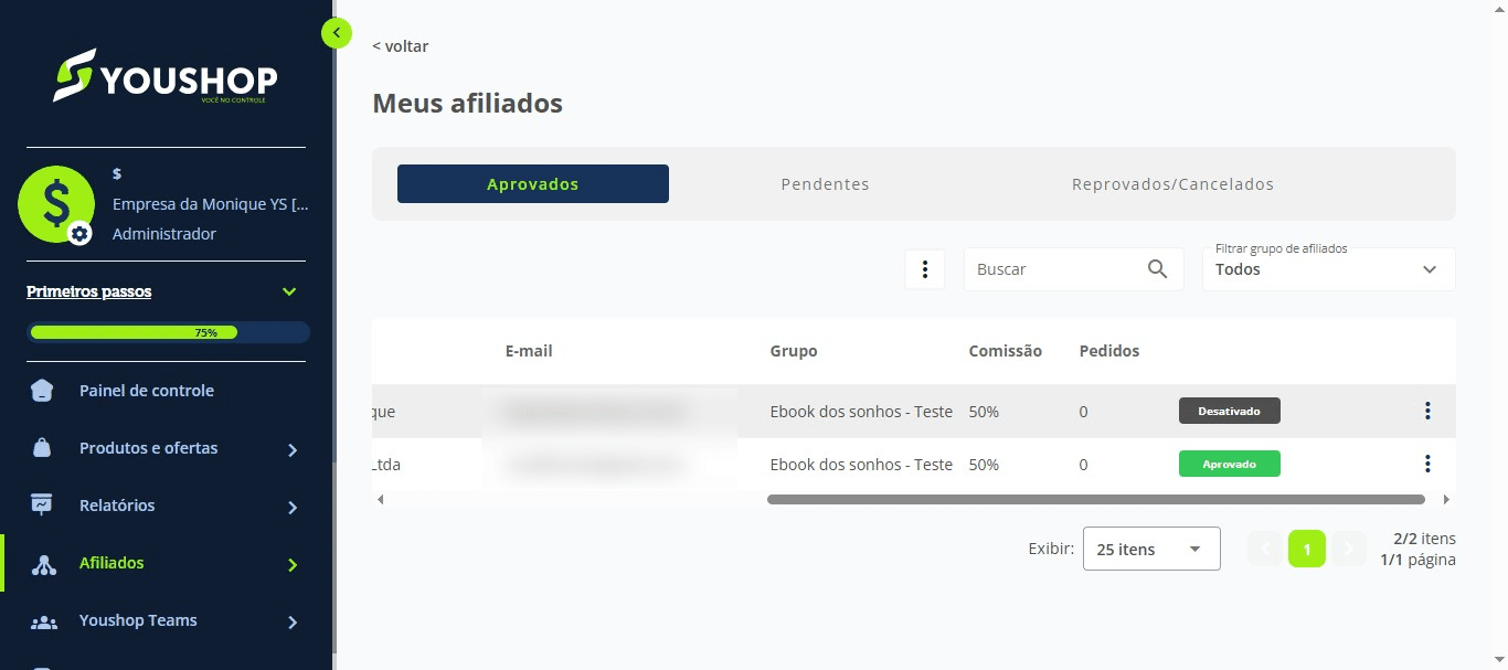No menu lateral, acesse “Afiliados” e selecione o coafiliado desativado.
