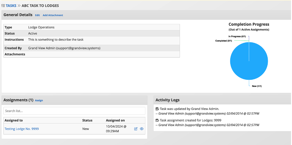 After assigning tasks, you can view the details of task and the progress of completion by clicking on the task name from the Tasks list.