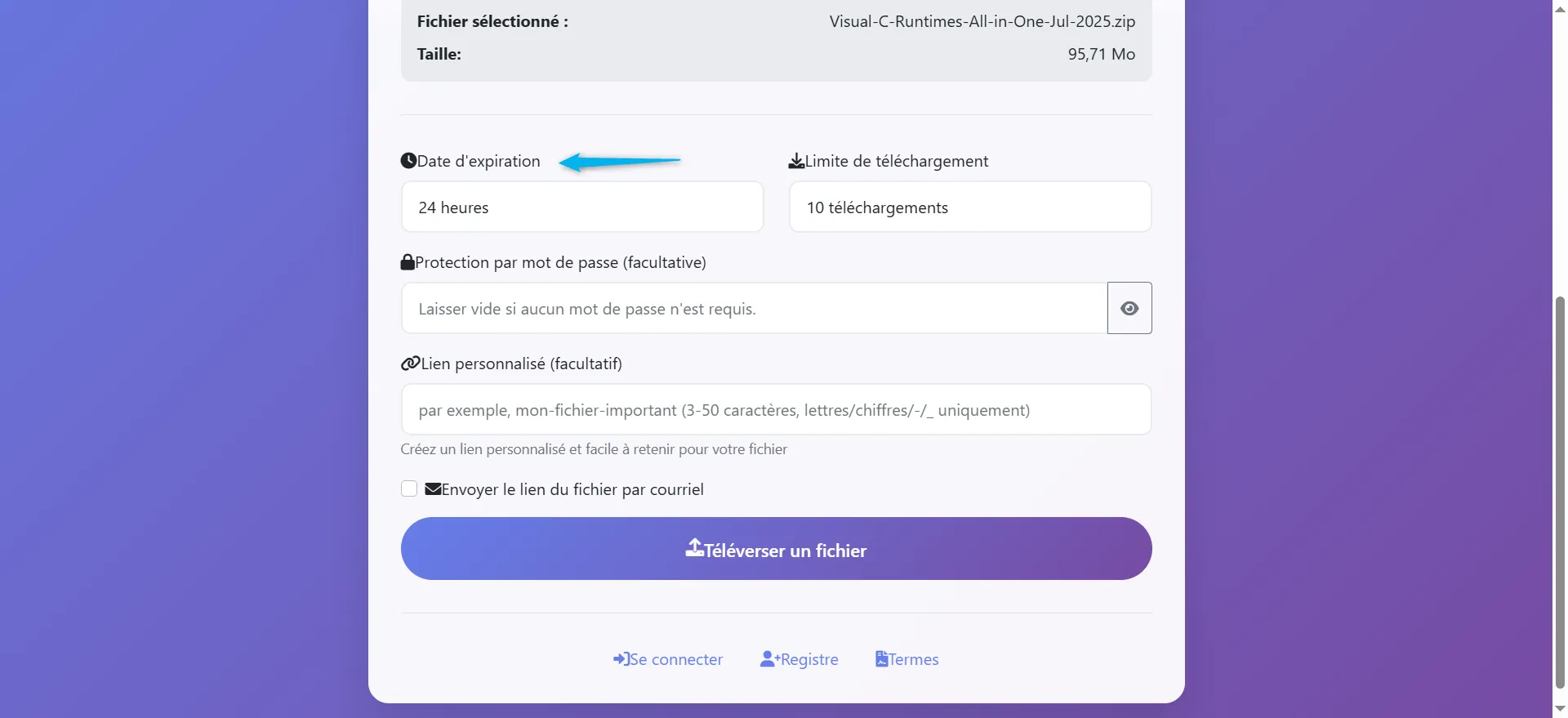 Définissez le temps d'expiration :

Choisissez la durée pendant laquelle vous souhaitez que le fichier soit disponible. Par défaut, il est réglé sur 24 heures, mais vous pouvez sélectionner une autre durée si nécessaire.

C'est la durée pendant laquelle le fichier téléchargé restera disponible pour être téléchargé. Après ce délai, le fichier sera automatiquement supprimé pour des raisons de sécurité et de