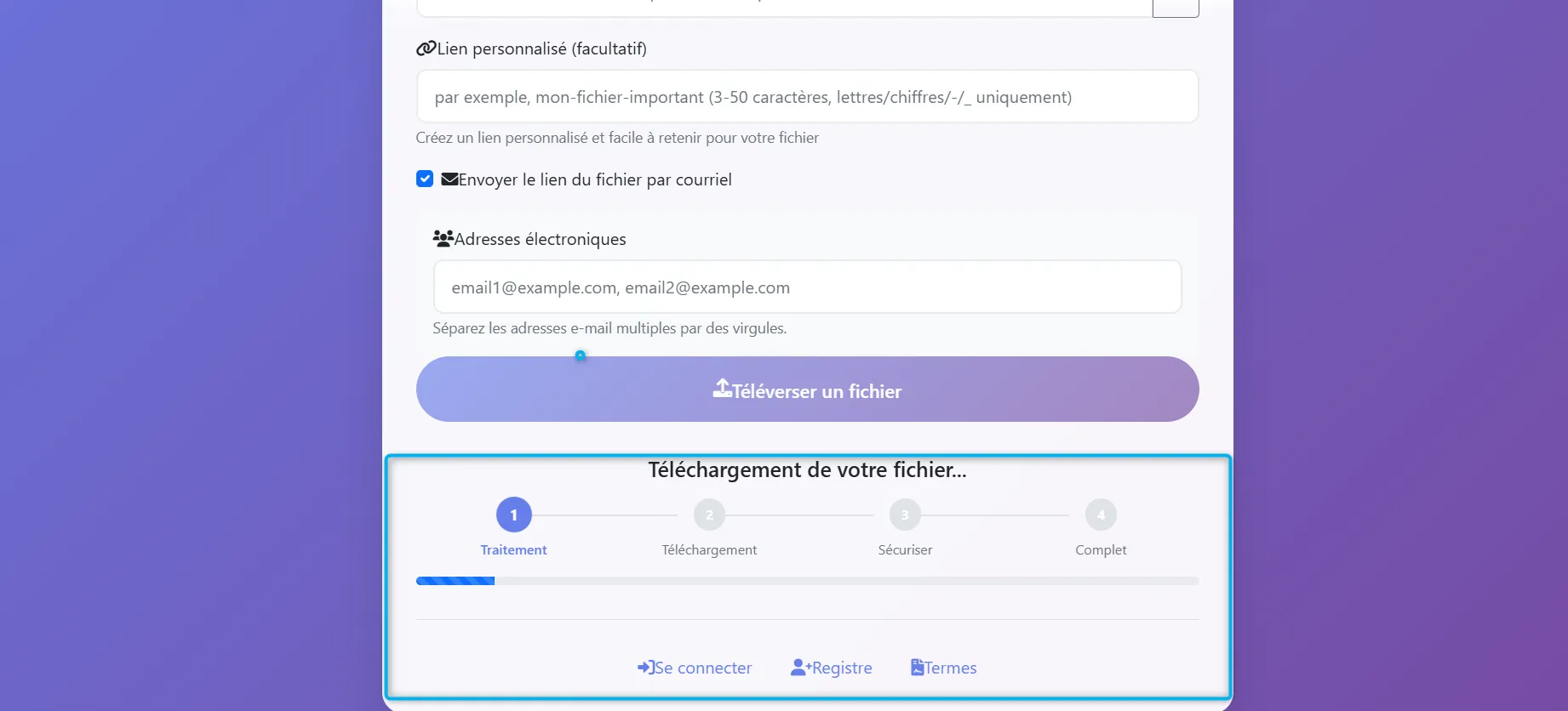 Une barre de progression va apparaître pour permettre à l'utilisateur de suivre l'état du processus de téléchargement en temps réel. Elle affiche les quatre étapes clés : Traitement, Téléchargement, Sécurisation, et Complet.
