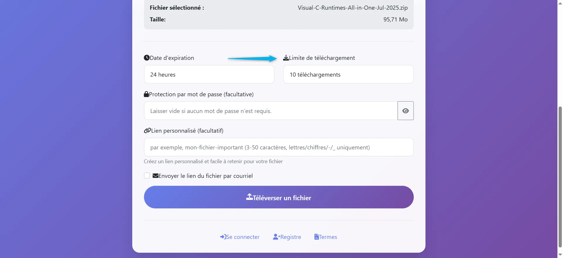 Définissez la limite de téléchargement

Cela définit le nombre maximal de téléchargements autorisés pour le fichier téléchargé. La limite par défaut est de 10 téléchargements.

 Les utilisateurs peuvent restreindre le nombre de fois où leur fichier peut être téléchargé. Cela est utile pour contrôler l'accès au fichier et éviter tout partage non autorisé.

Exemples d’usages :

1 téléchargement → fichier ultra-confidentiel

10 téléchargements → petit groupe

50 ou 100→ diffusion plus large