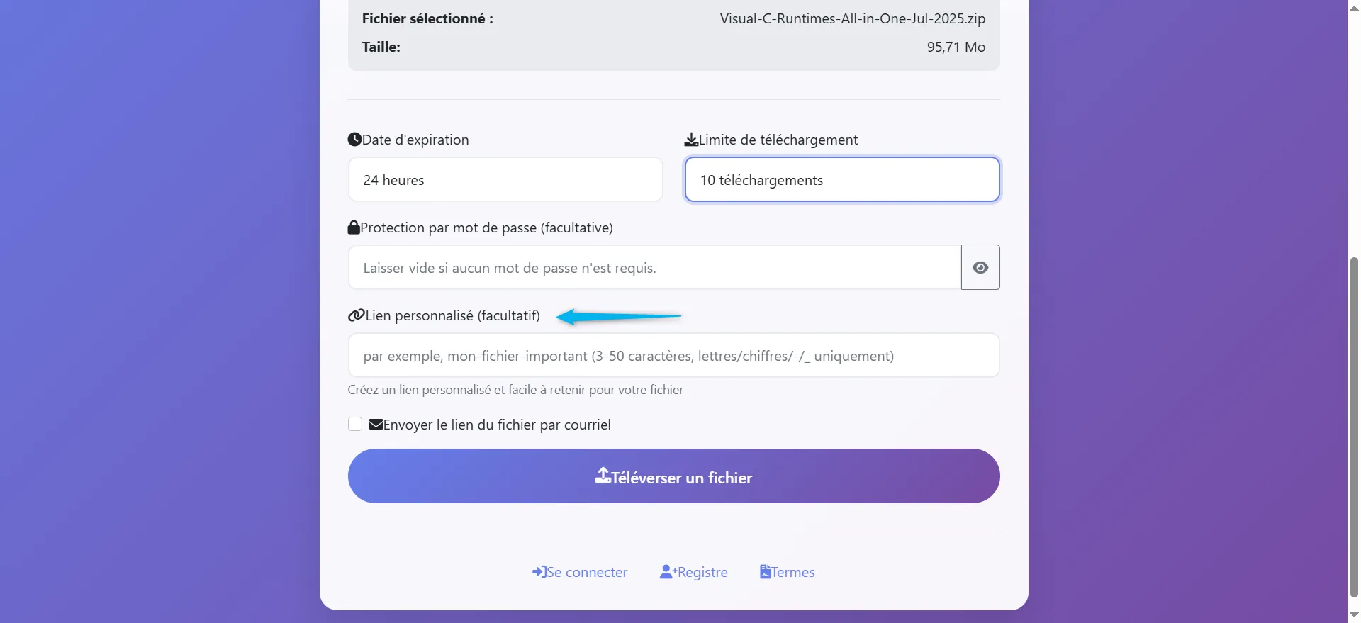 Ajout de lien personnalisé (facultatif)




Ce parametrage permet de :

créer un lien plus lisible

personnaliser l’URL de partage

faciliter la mémorisation du lien


Les restrictions:
3 à 50 caractères
lettres, chiffres, trait d’union (-) et underscore (_) uniquement