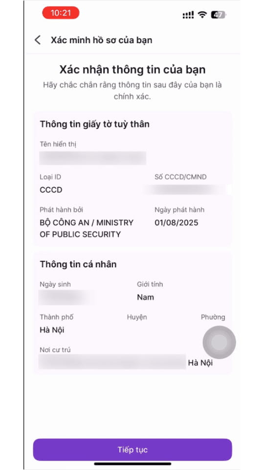 Hệ thống xác nhận lại thông tin sau khi đọc dữ liệu từ CCCD