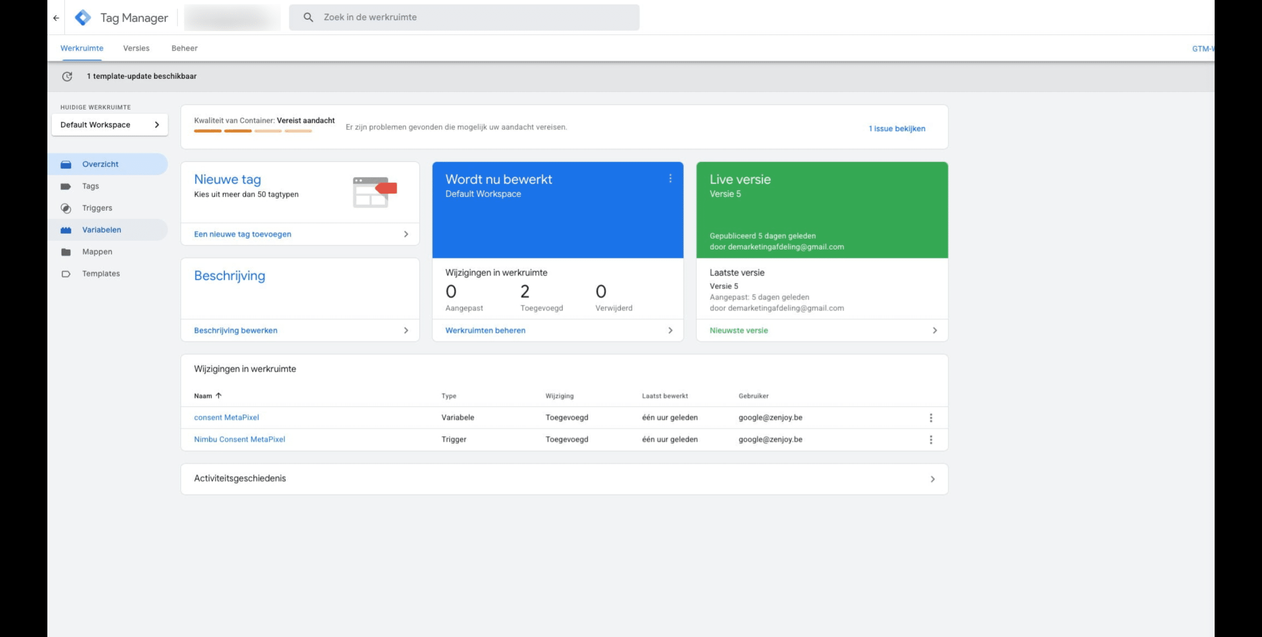 In Google Tag Manager, navigate to your project, and then go to the 'Variables' section.