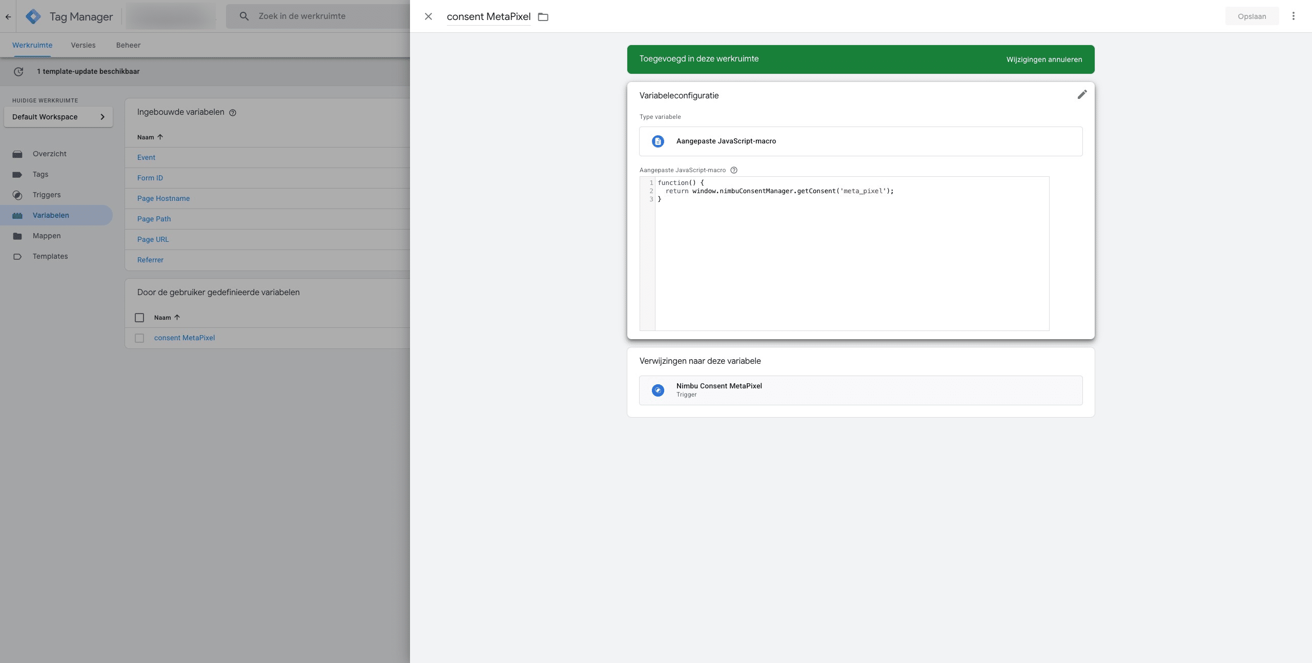 Assign a meaningful name to the variable. Then, select 'custom JavaScript macro' and add the following code: `function() { return window.nimbuConsentManager.getConsent('name__NimbuConsent'); }`. Finally, replace 'name__NimbuConsent' with the actual name of your Nimbu consent.