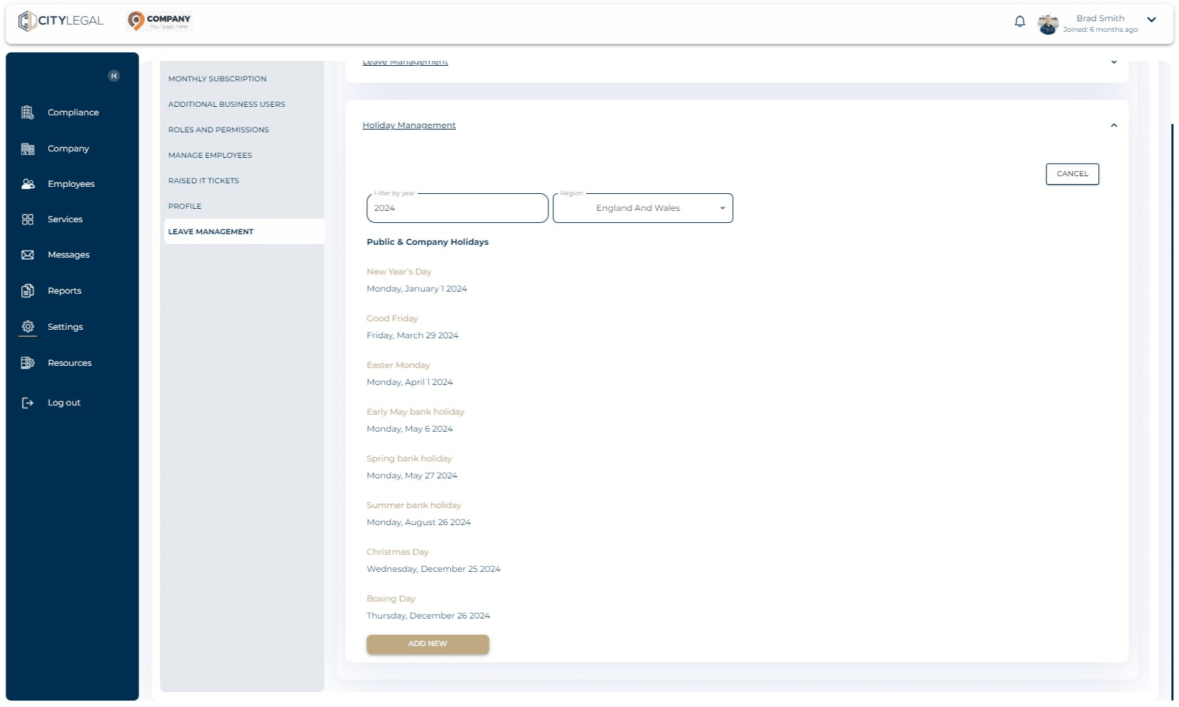 Click on 'Holiday Management' and 'Add New' to add any holidays that the company provides.