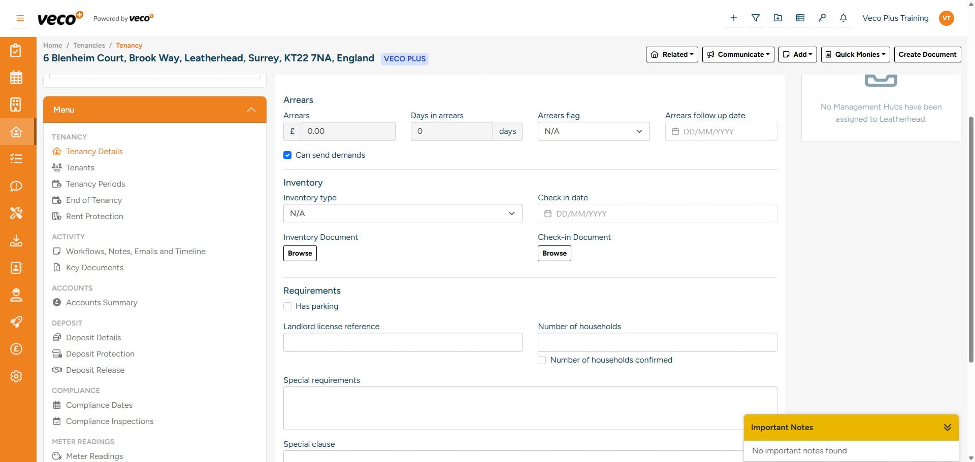 You can then add additional information such as deposit, inventory, and compliance information found in the 'Menu'