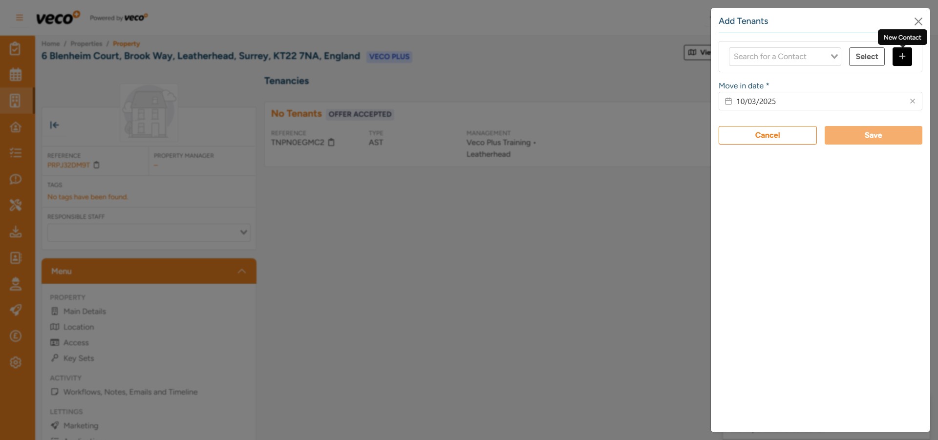 Once saved, you will be prompted to add the individual Tenant Contact. Select the '+' to add the Tenant’s details and search. If the Tenant exists, they will appear for you to select


