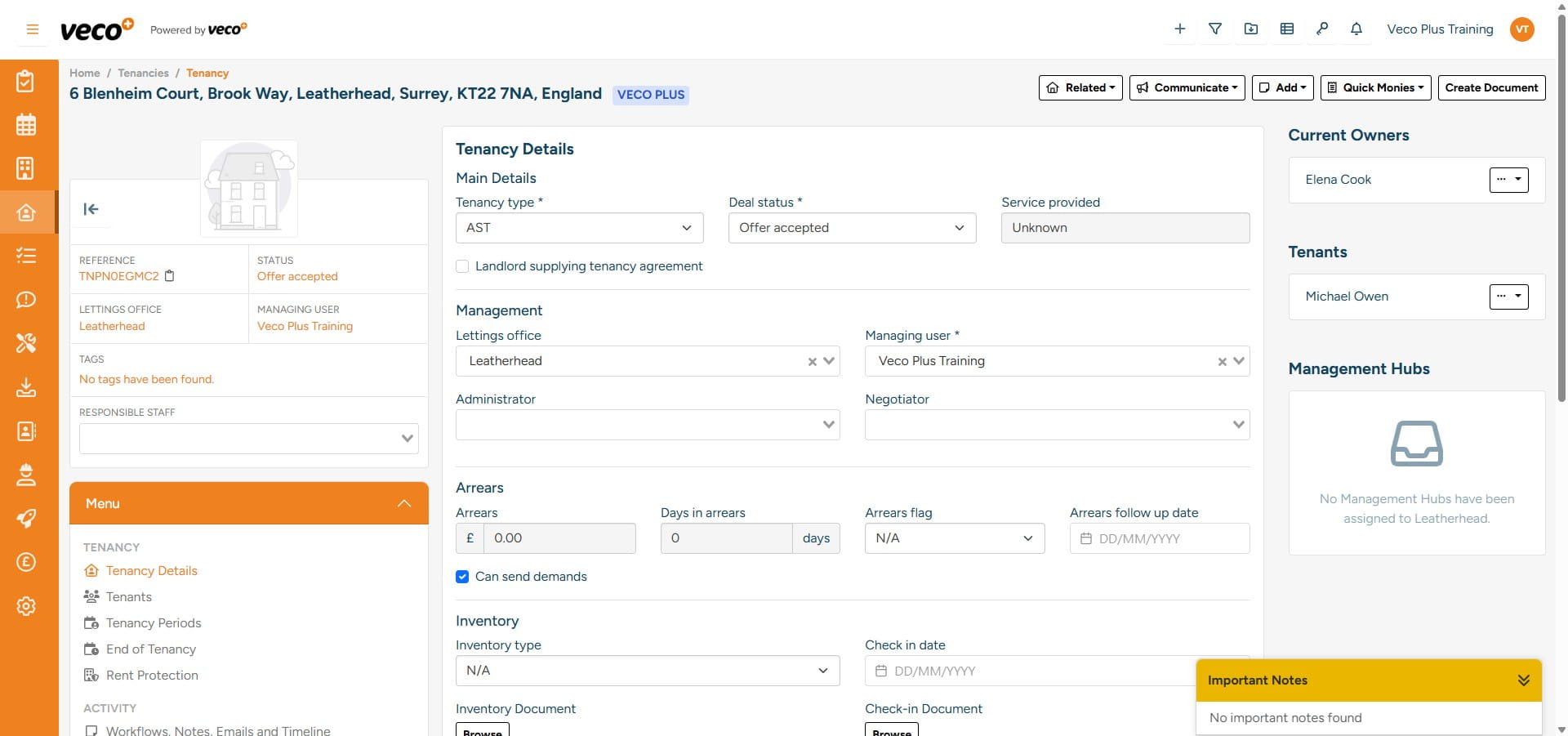 Here is an example of a 'Tenancy', this includes the Property, Owner and Tenant Contacts
