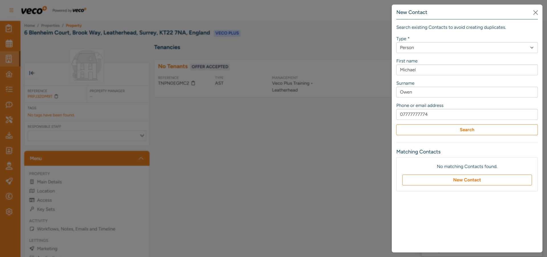 Select 'New Contact' if the Tenant does not exist (change 'type' when adding new contact details if it is a company)
