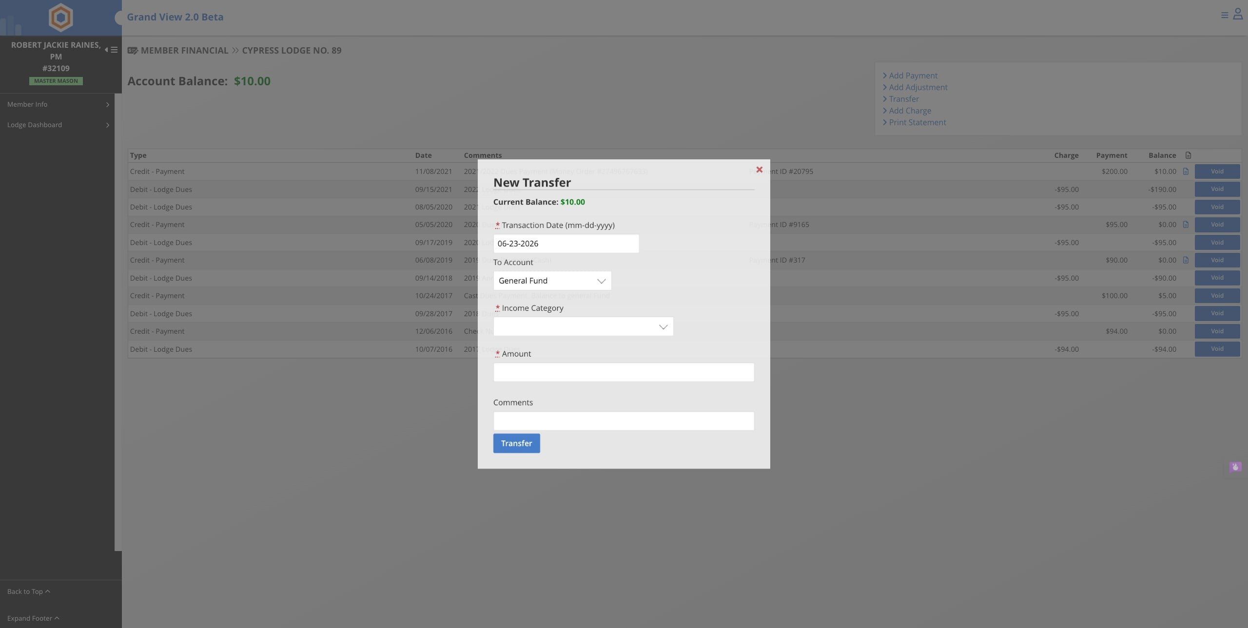 Select the date of transaction and where the funds are being transferred