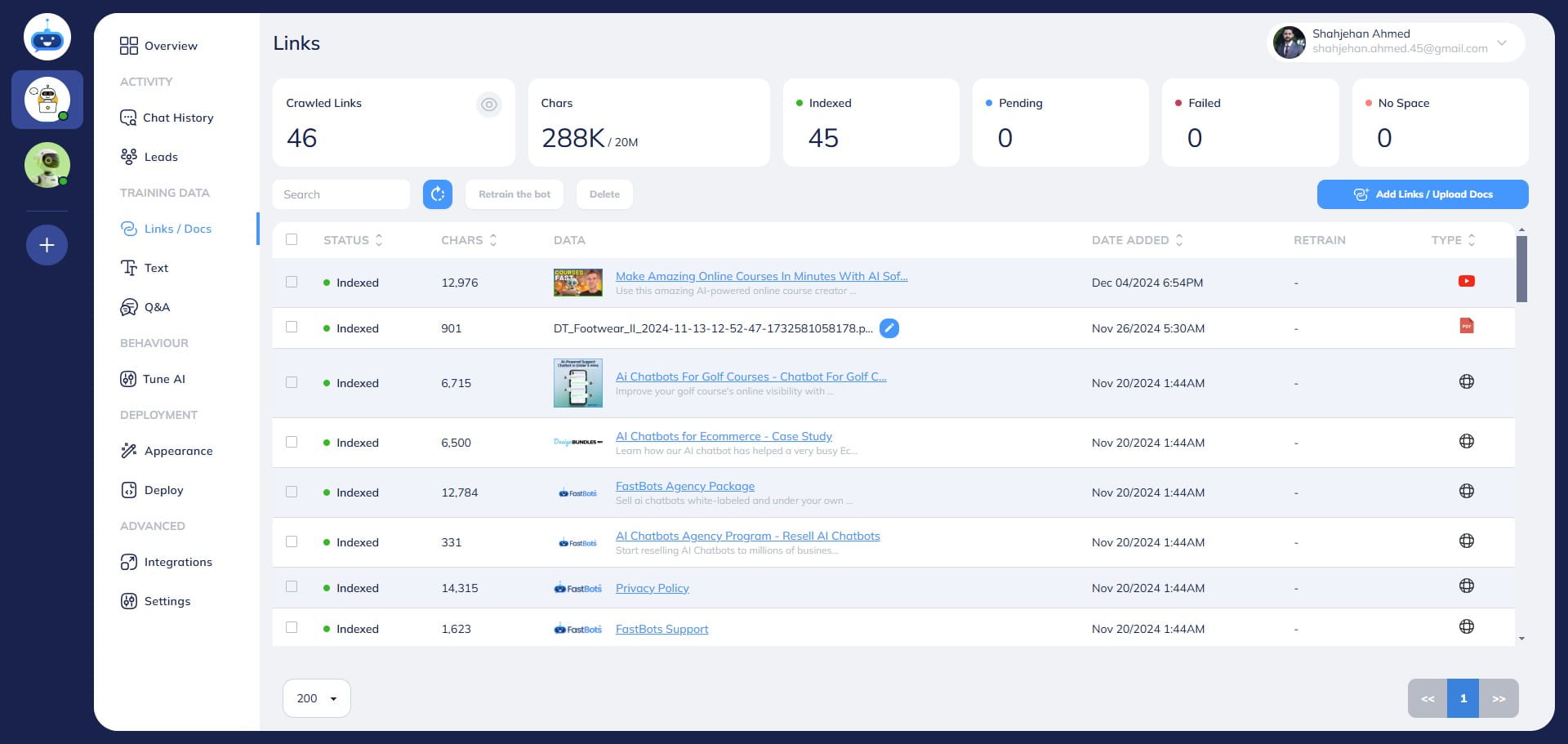Once the YouTube video has been successfully added to the chatbot, you see "Indexed" under the status column.