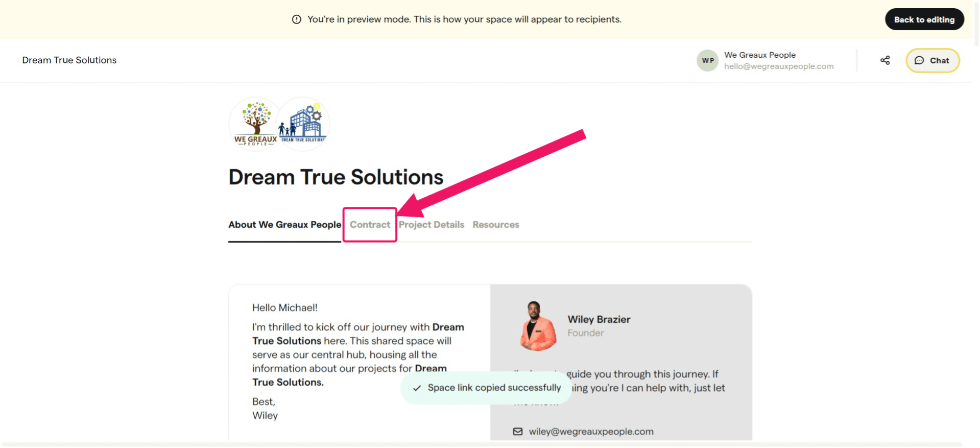 In the space, go to **"Contract Tab"**