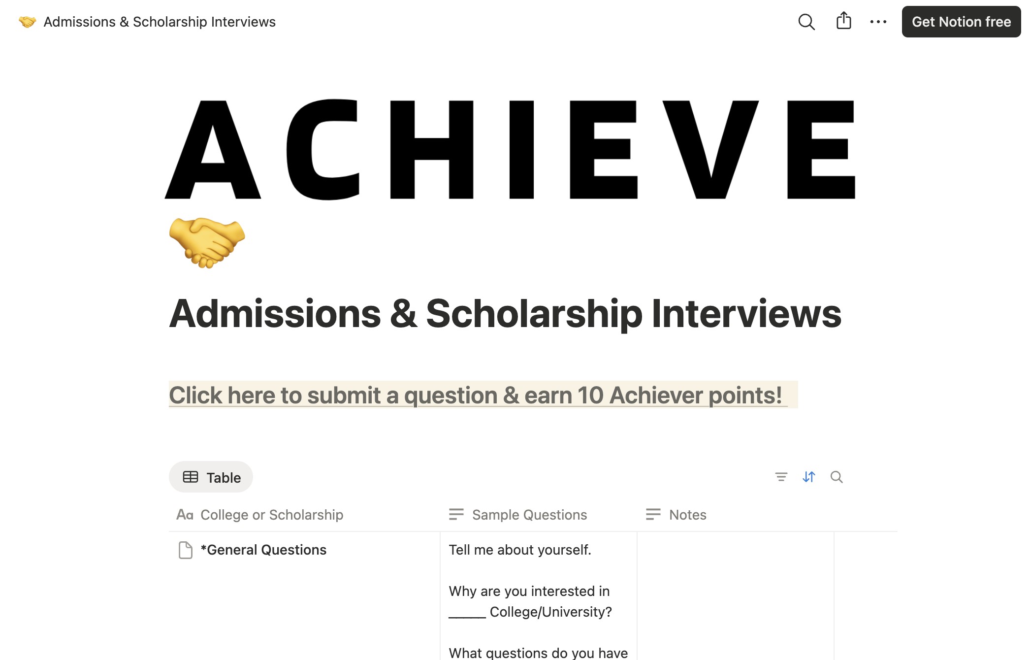 This is an example of one of our crowdsourced resources, **Admission & Scholarship Interviews.** Here, you can utilize the listed questions for 50+ colleges/scholarships. You can also submit your own. 