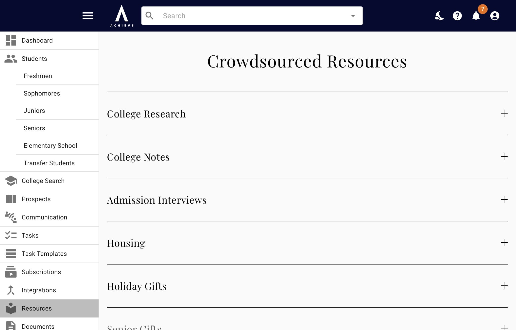 The next section is **Crowdsourced Resources.** These are notes, directories, and other data that have been submitted by your fellow Achieve users (and then vetted by the Achieve team). 