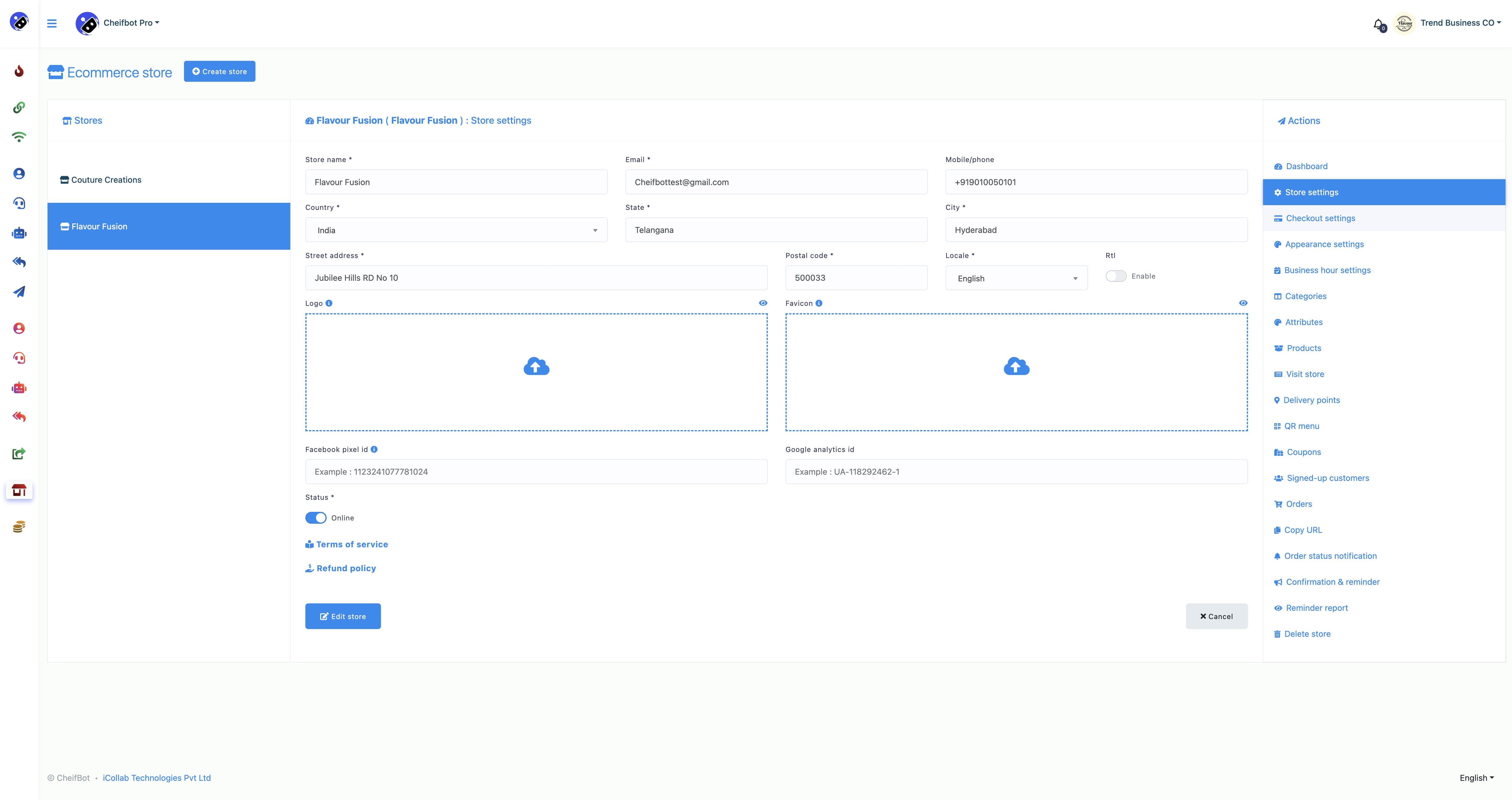 Click on "Store settings" to provide store location 📍, logos 🖼️, terms and refund policies 📄, and more.