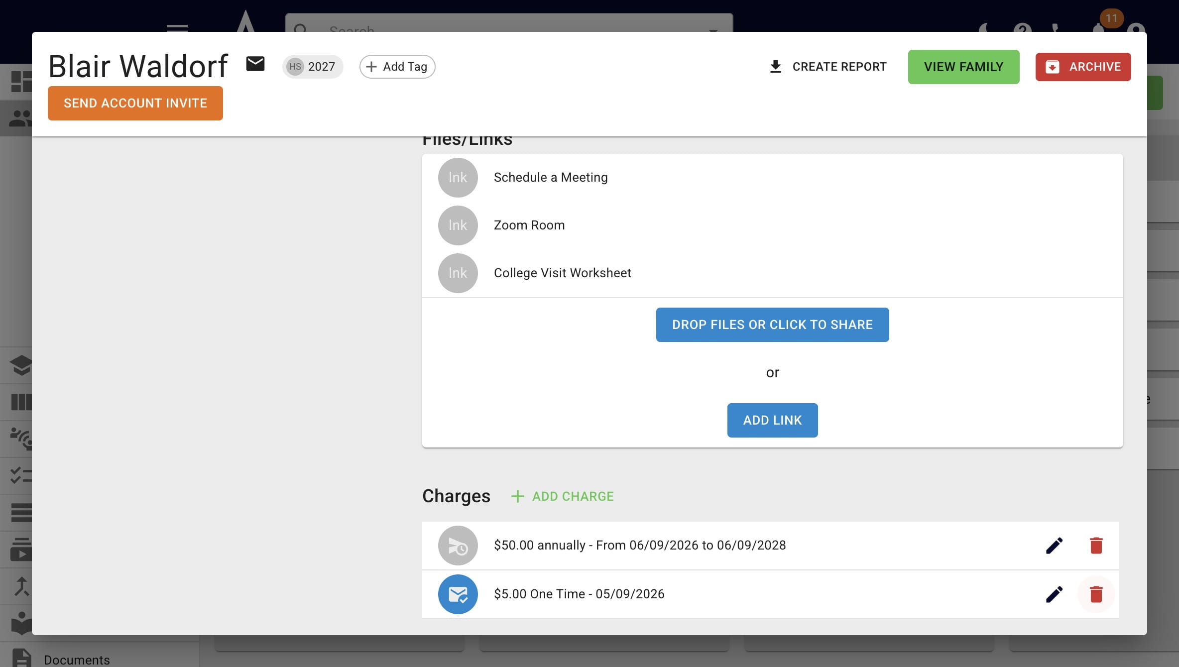 We recommend deleting the charge (rather than the invoice) whenever possible. Deleting a charge will automatically delete any connected unpaid or scheduled invoices. To do this, scroll down to the **Charges** section of the student's profile and press the **trash can** icon. 