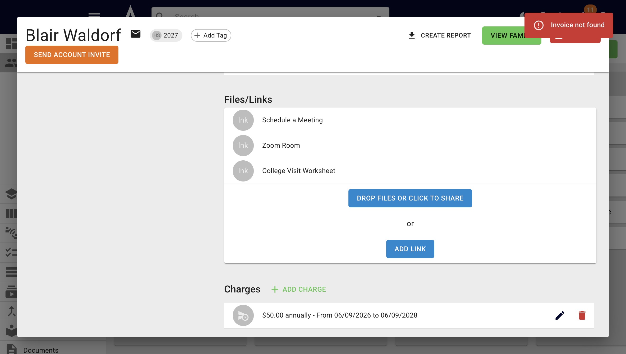 If you delete an invoice, you'll see that the charge is still listed under the **Charges** section of the student's account. You'll get the below error if you try to delete a charge that is no longer attached to an invoice. 