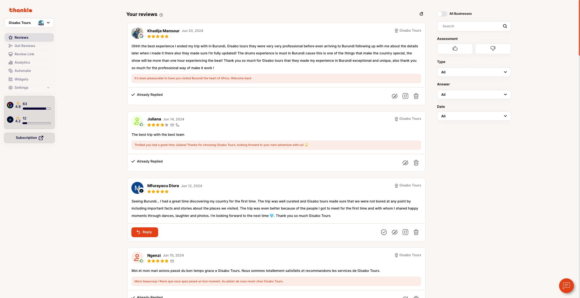 Review filtering section 

Search and Filter - Right Sidebar:

On the right sidebar, utilize a search function to find specific reviews by entering keywords.
Filter reviews based on Assessment, Type, Answer, and Date.
Toggle "All Businesses" - Right Sidebar:

On the right sidebar, conveniently toggle the "All Businesses" button to view reviews for all your businesses.