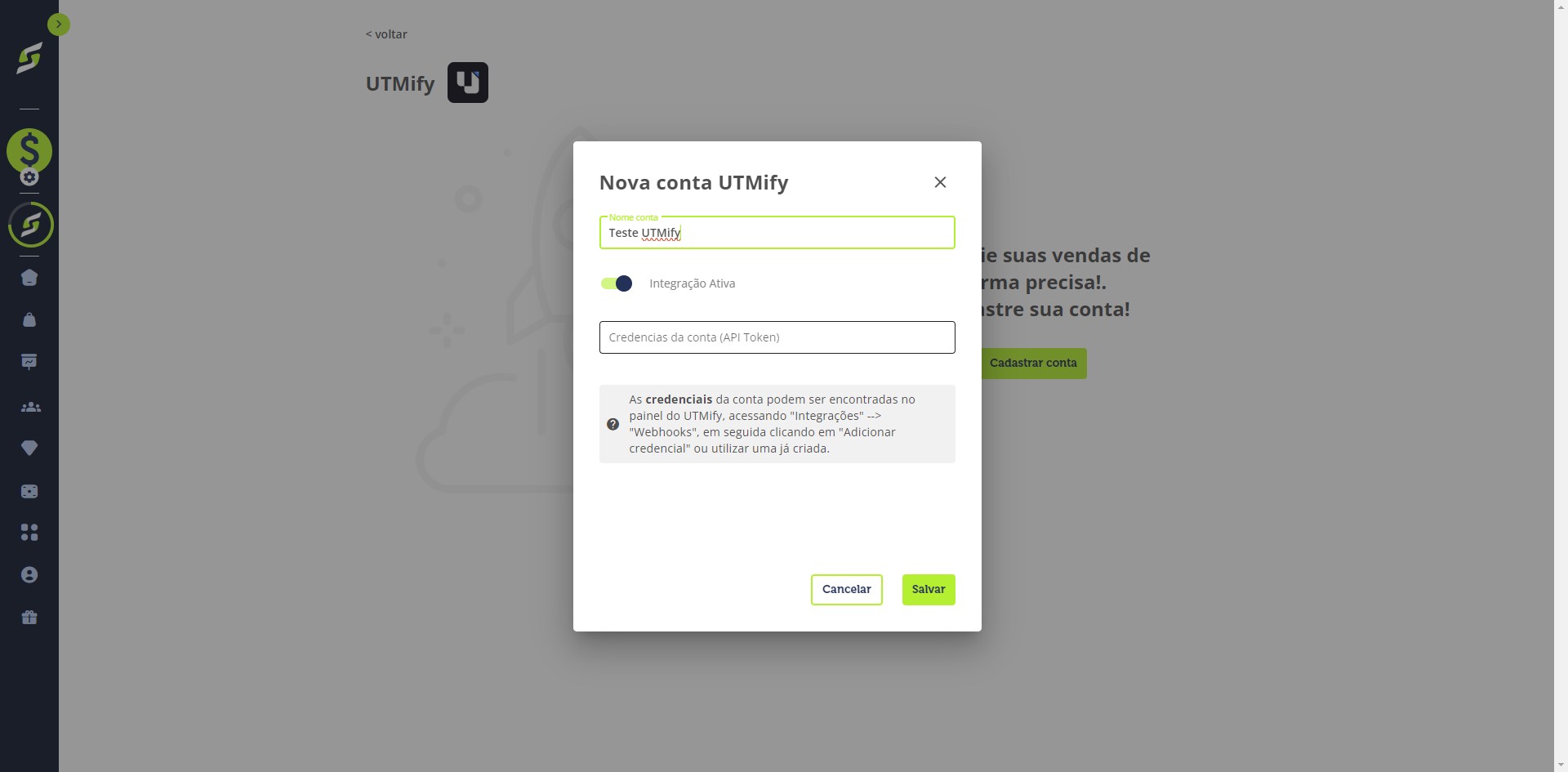 Copie o API Token, cole na YouShop e clique em "Salvar".
