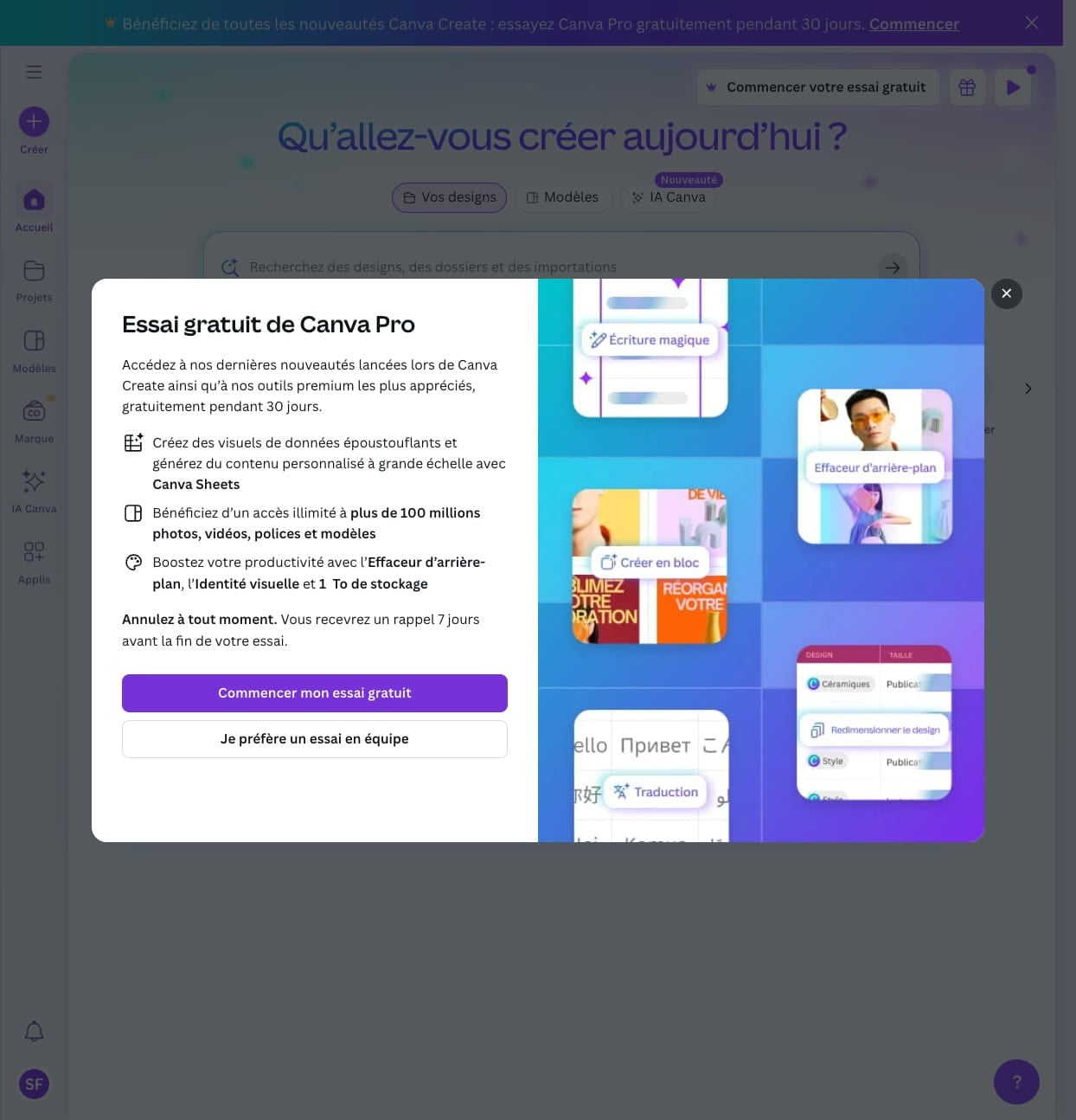 Si vous souhaitez bénéficier des fonctionnalités payantes gratuitement pendant 1 mois cliquez sur "Commencer mon essai gratuit"