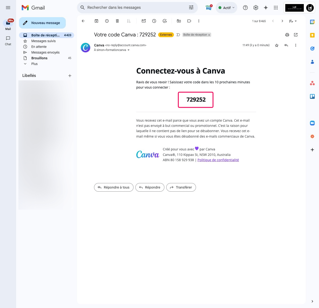 Copiez le code reçu par email (dans cet exemple : "729252")