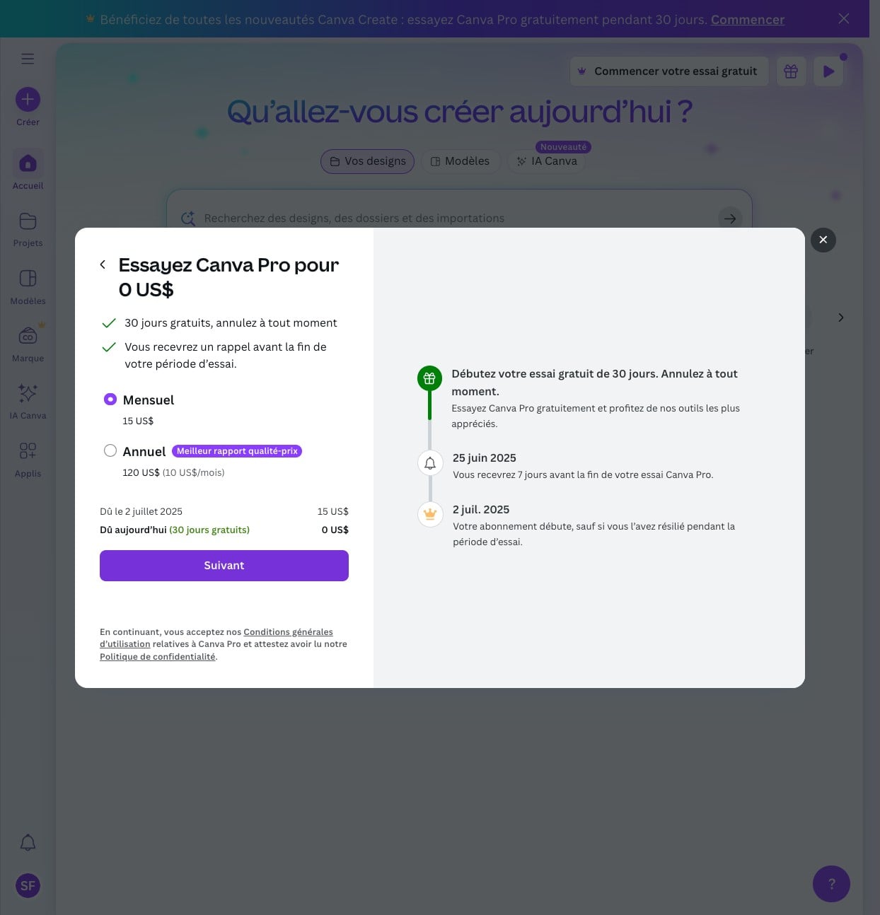 ## Conseil : 

Cochez mensuel pour éviter que l'abonnement vous facture 1 année complète si vous oubliez d'arrêter la souscription à la fin de l'essai.