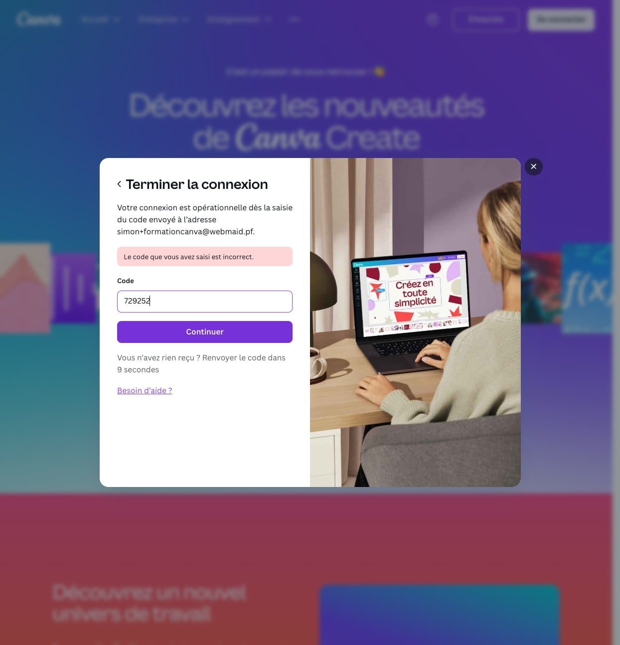 Collez le code dans Canva puis cliquez sur "Continuer"