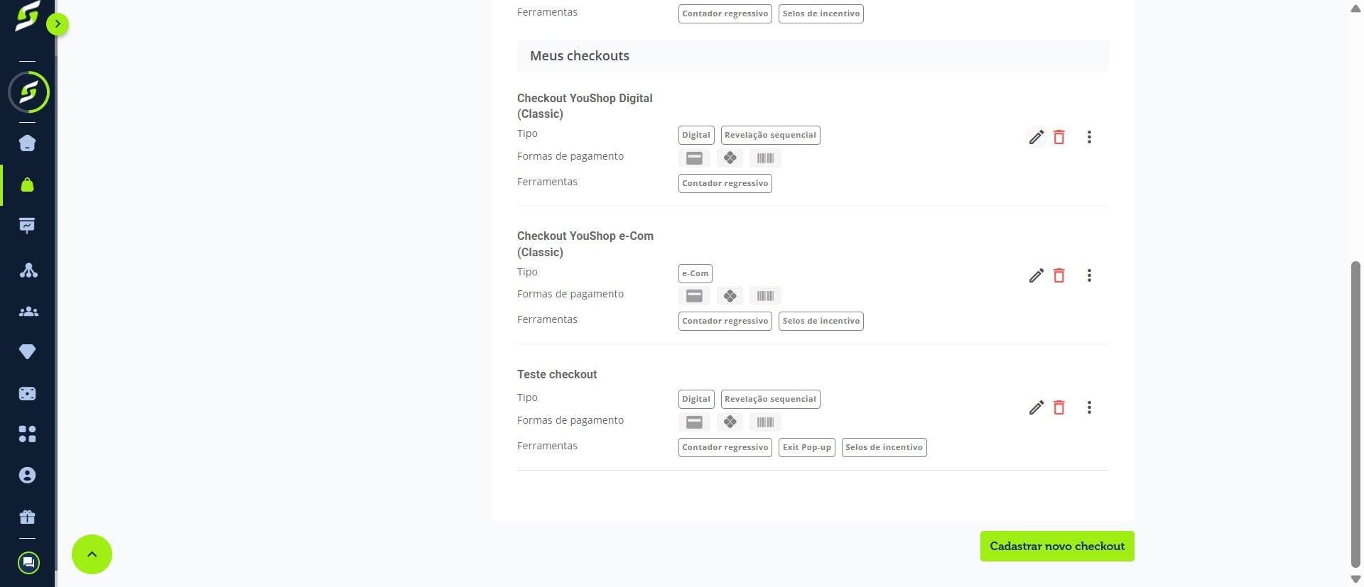 Localize o checkout que deseja configurar e clique em **Editar checkout**.