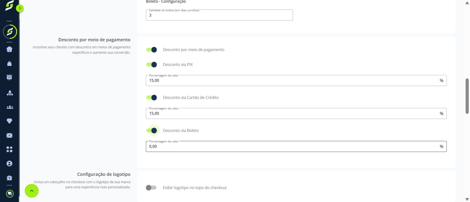 Para configurar o desconto no **boleto**, ative a opção e informe a porcentagem desejada.