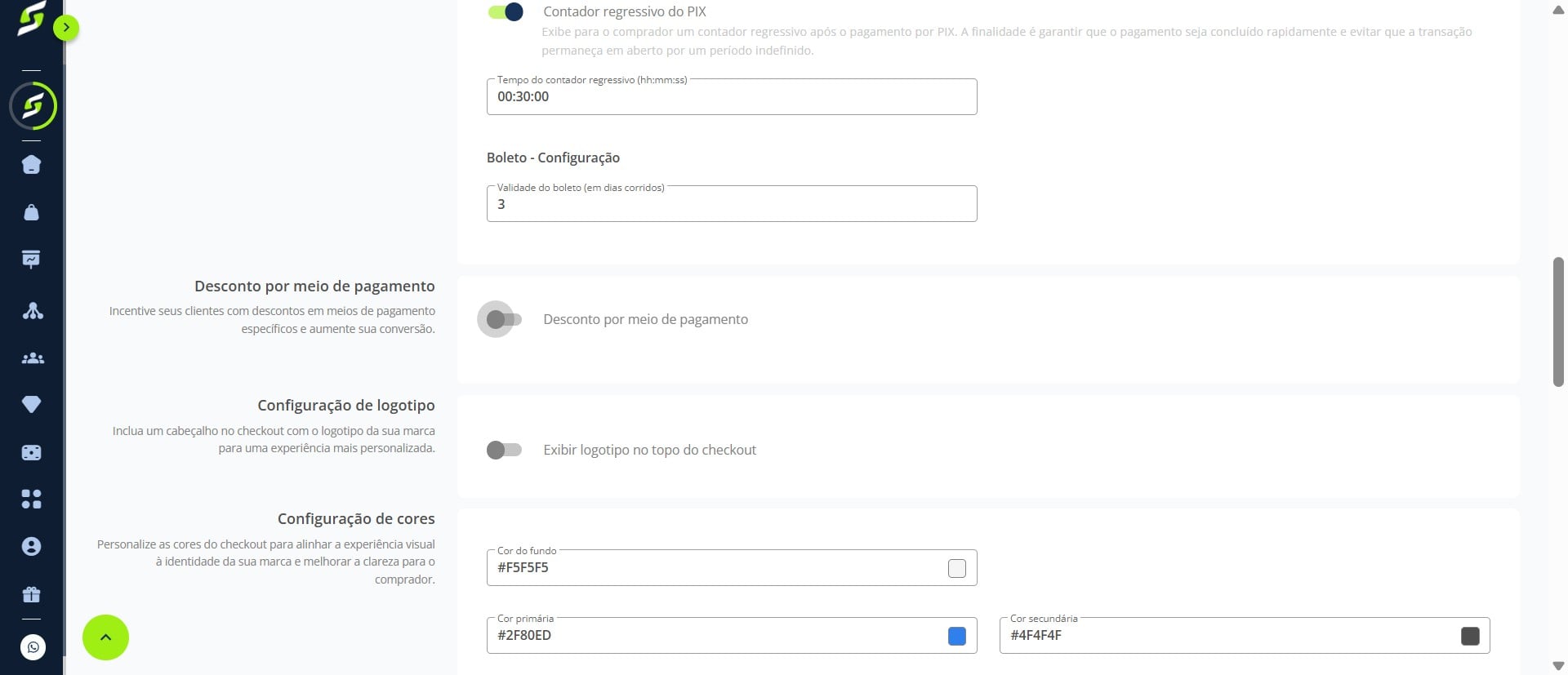 Desça até a opção **Desconto por meio de pagamento**.