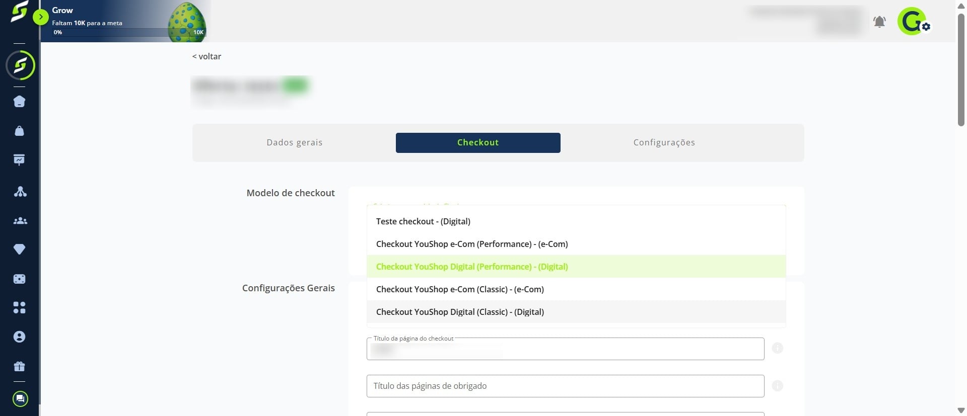 Selecione o checkout que deseja utilizar.