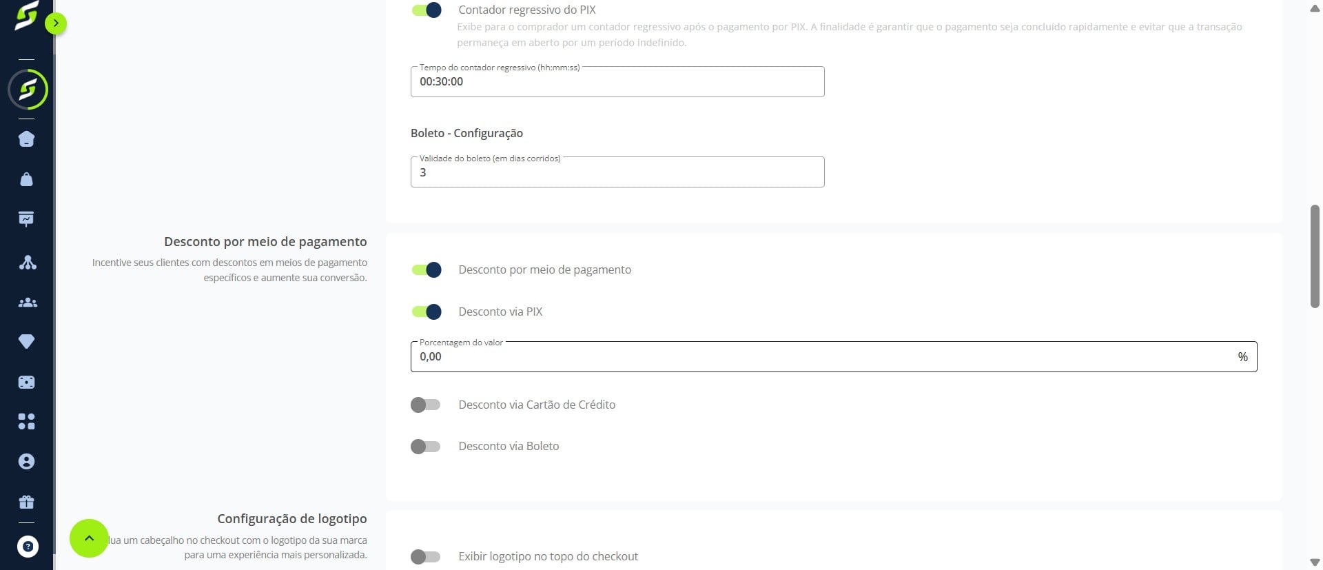 Para configurar o desconto no **Pix**, ative a opção e informe a porcentagem desejada.