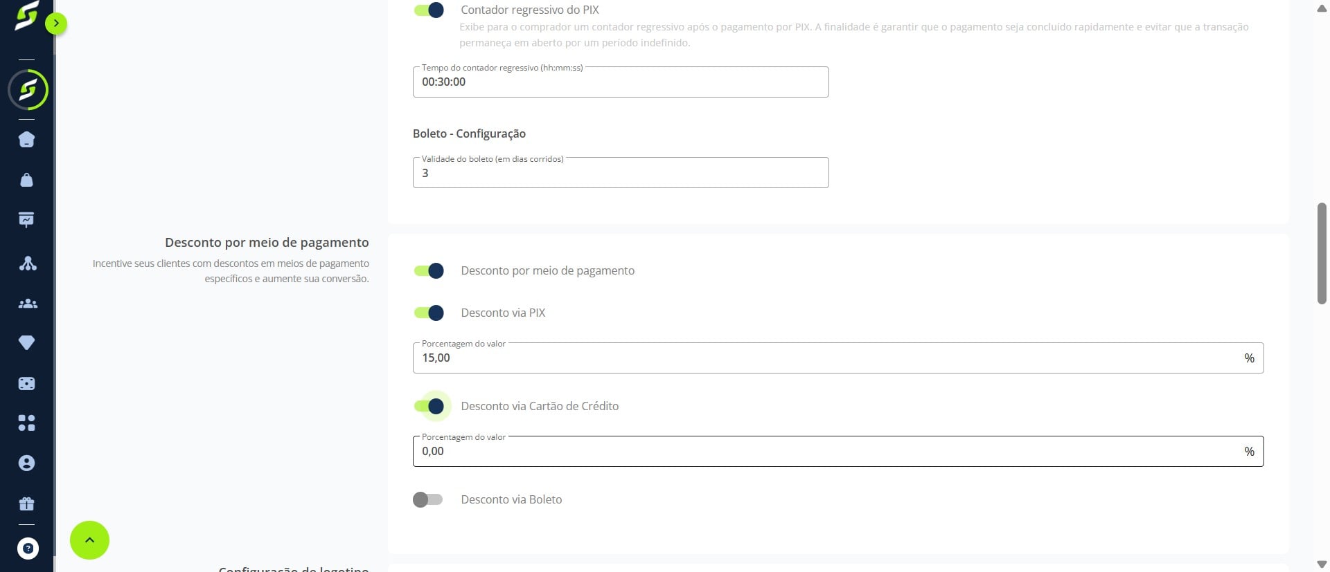 Para configurar o desconto no **cartão de crédito**, ative a opção e informe a porcentagem desejada.