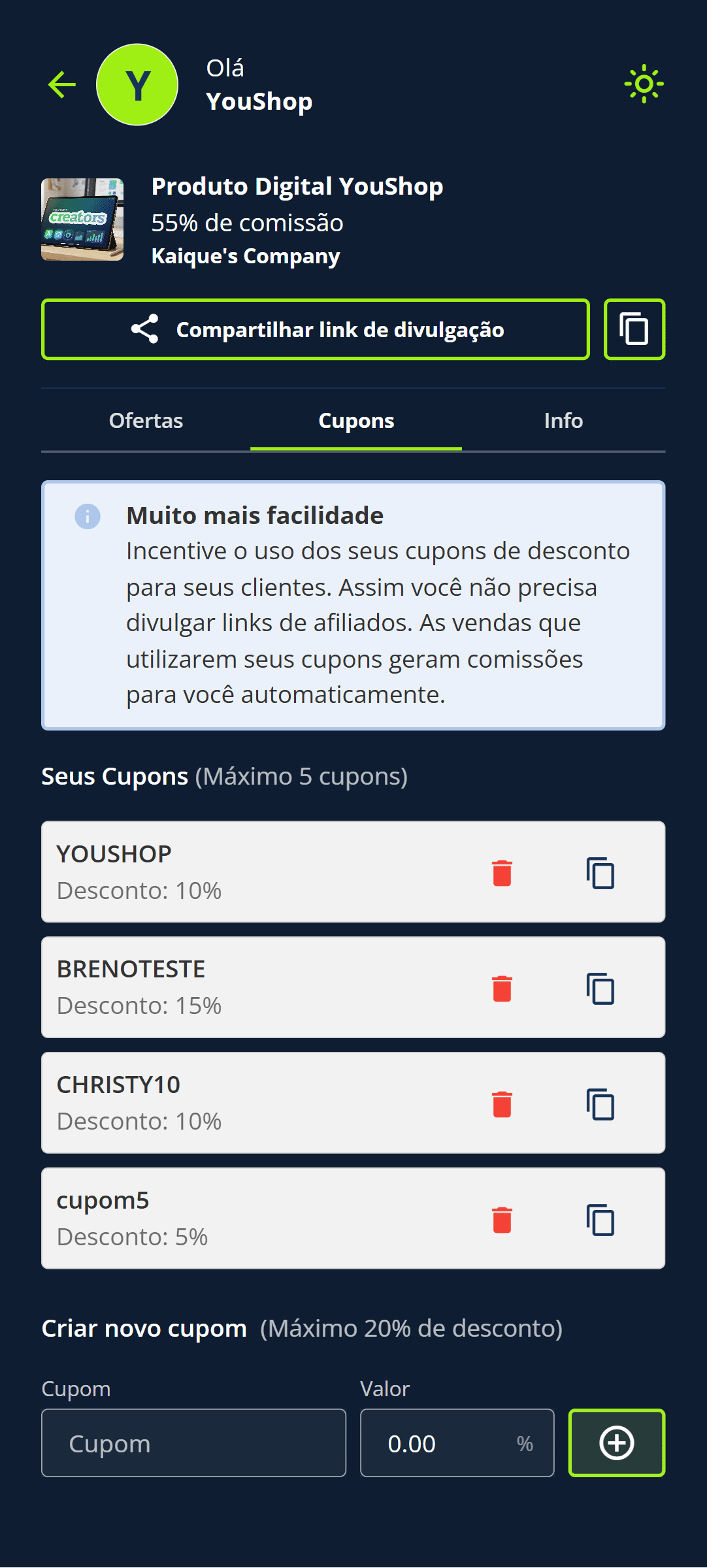 Pronto! Seu cupom será criado com o nome e a porcentagem escolhidos, respeitando o valor máximo de desconto disponível.