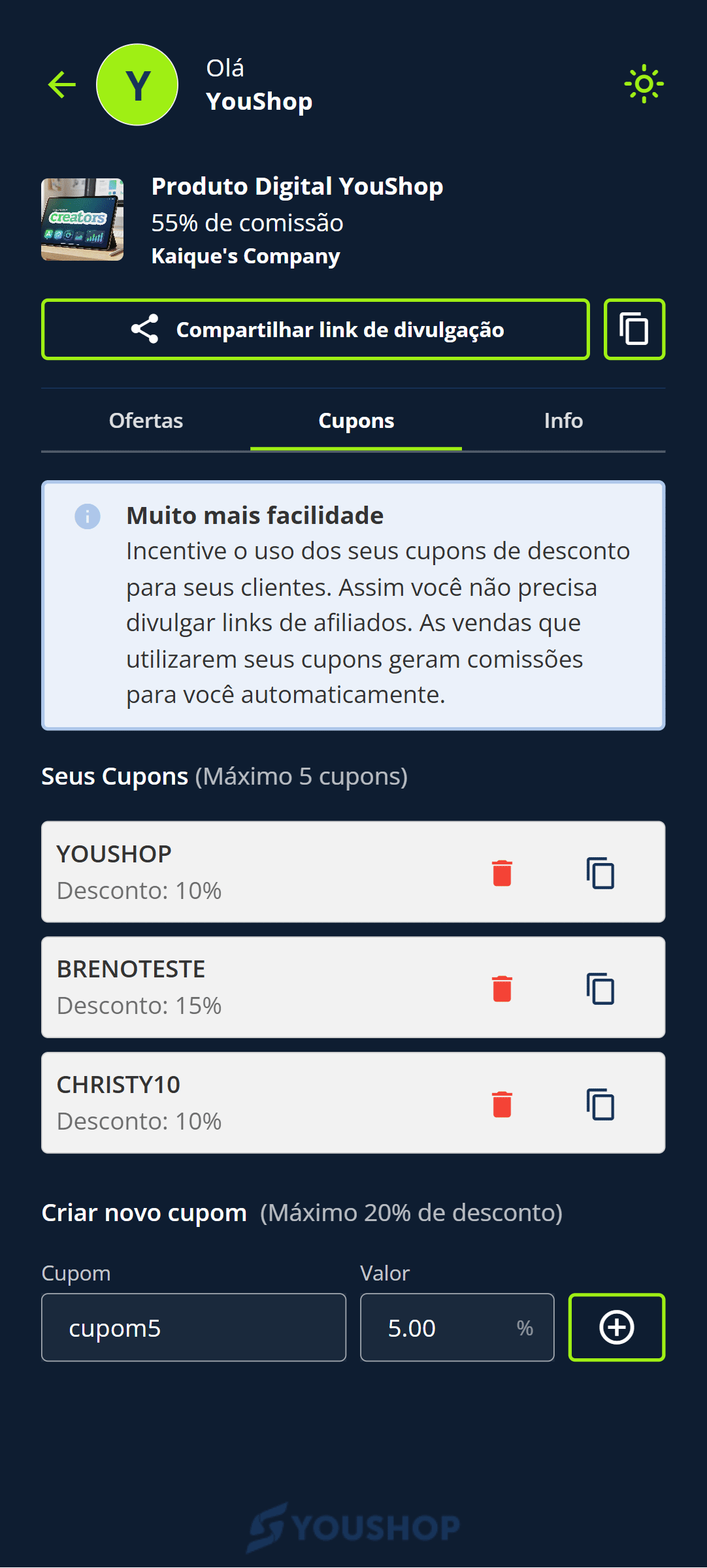 Crie o seu cupom definindo:
&nbsp;
o nome do cupom
&nbsp;
a porcentagem de desconto