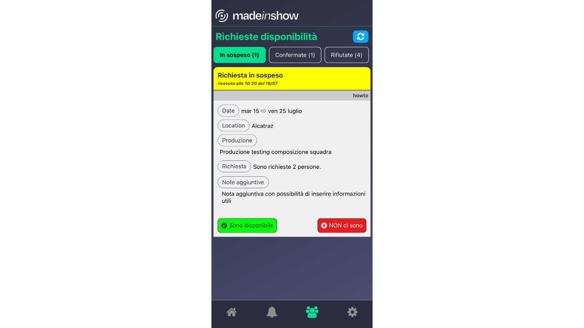 Una volta aperta la notifica, si aprirà la schermata "Composizione squadra" dove saranno raccolte tutte le richieste di disponibilità.
A questo punto non rimane che confermare l'eventuale disponibilità o notificare la propria assenza