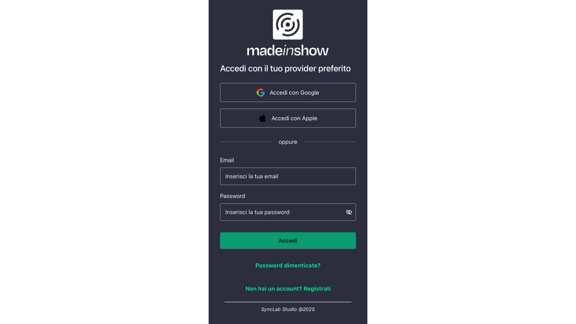 Effettuare accesso al proprio account Made In Show, tramite servizio SSO oppure tramite email e password