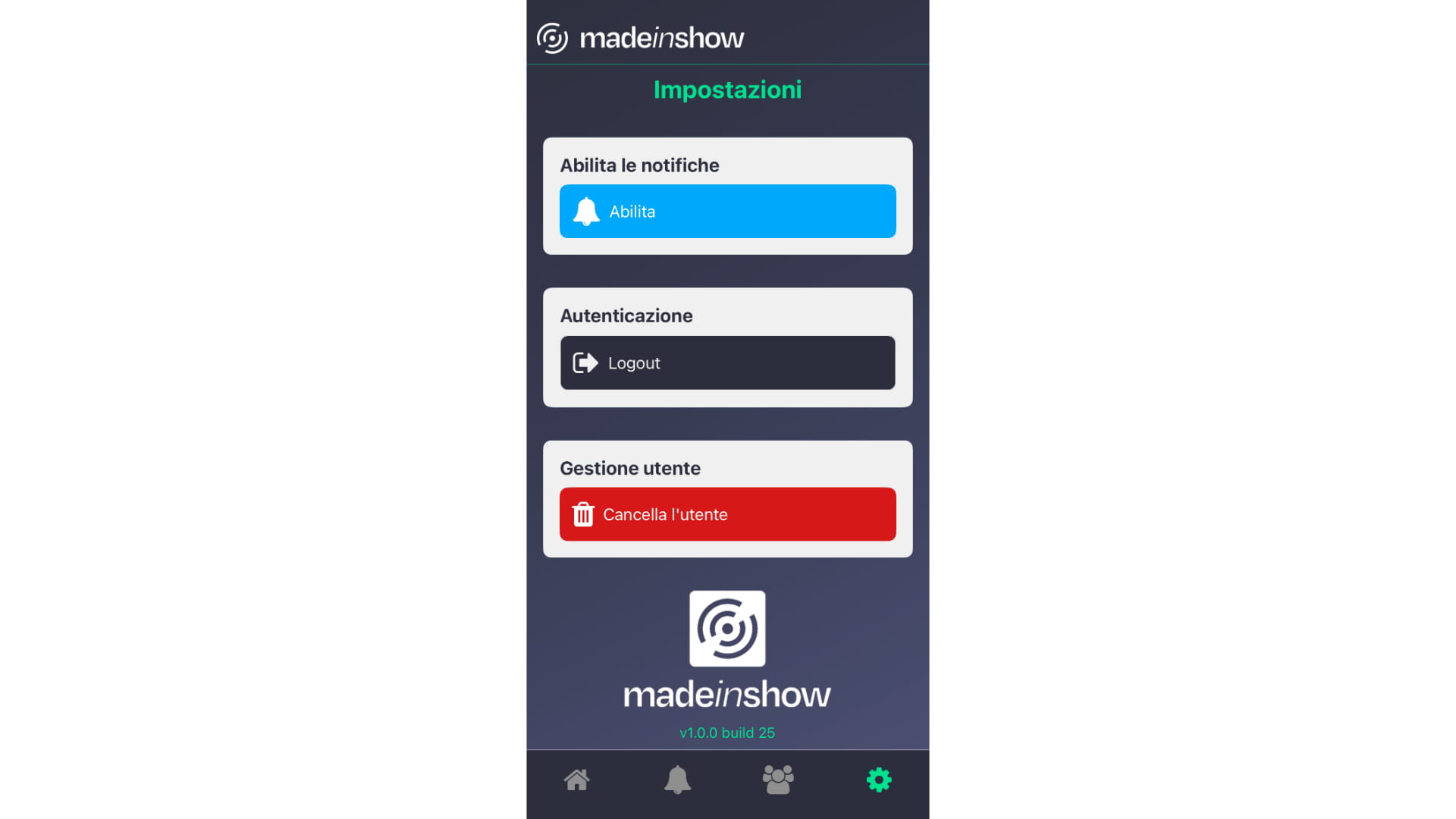 Nella schermata "**Impostazioni**" è possibile abilitare le notifiche dell'app Made In Show ed effettuale l'eventuale *logout*