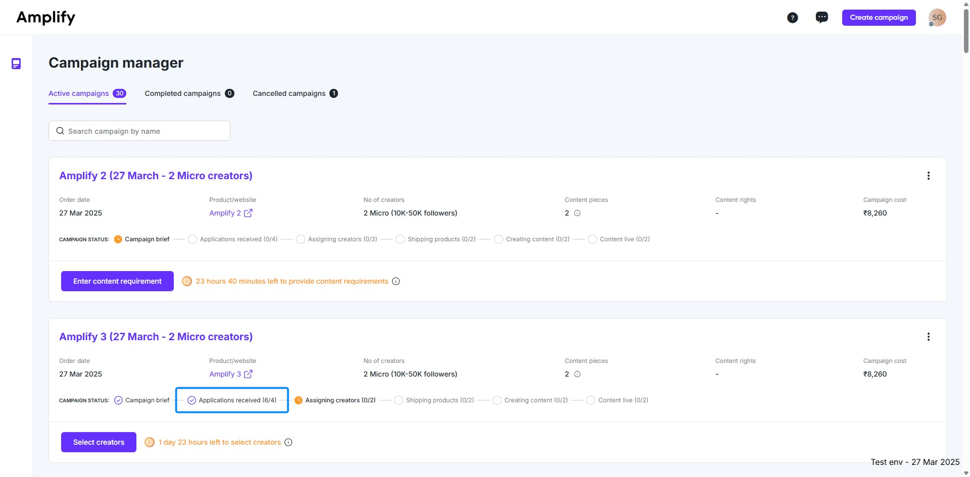 Go to campaign manager and click "Select creators."