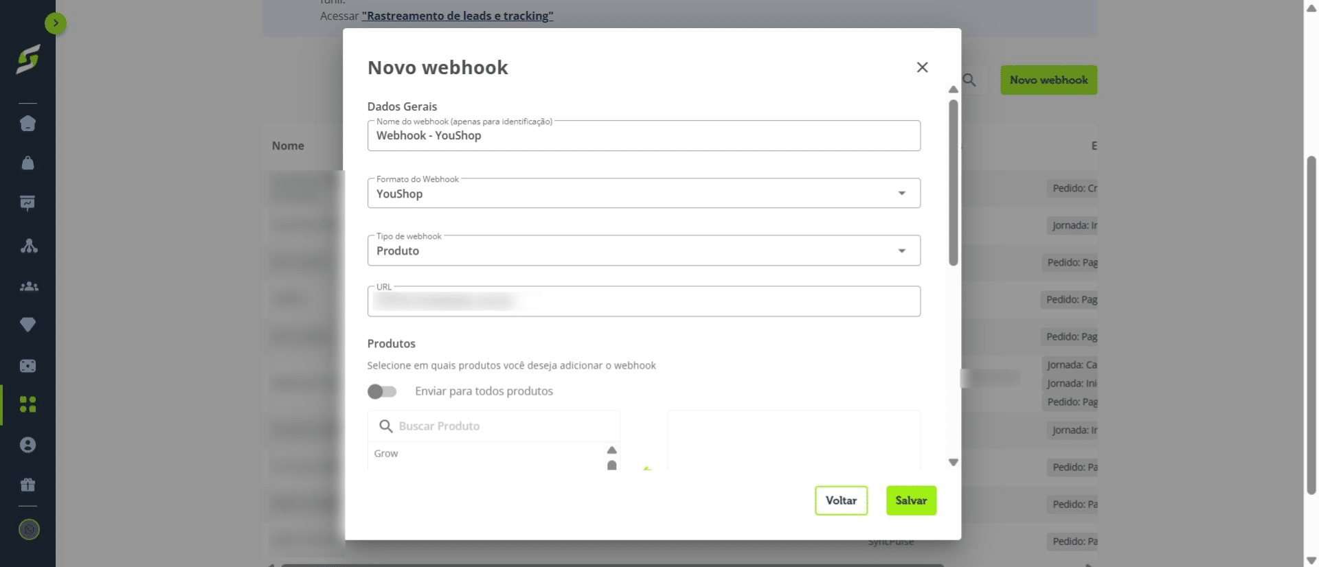 Selecione se o webhook será relacionado a **“Produto”** ou **“Oferta”**.