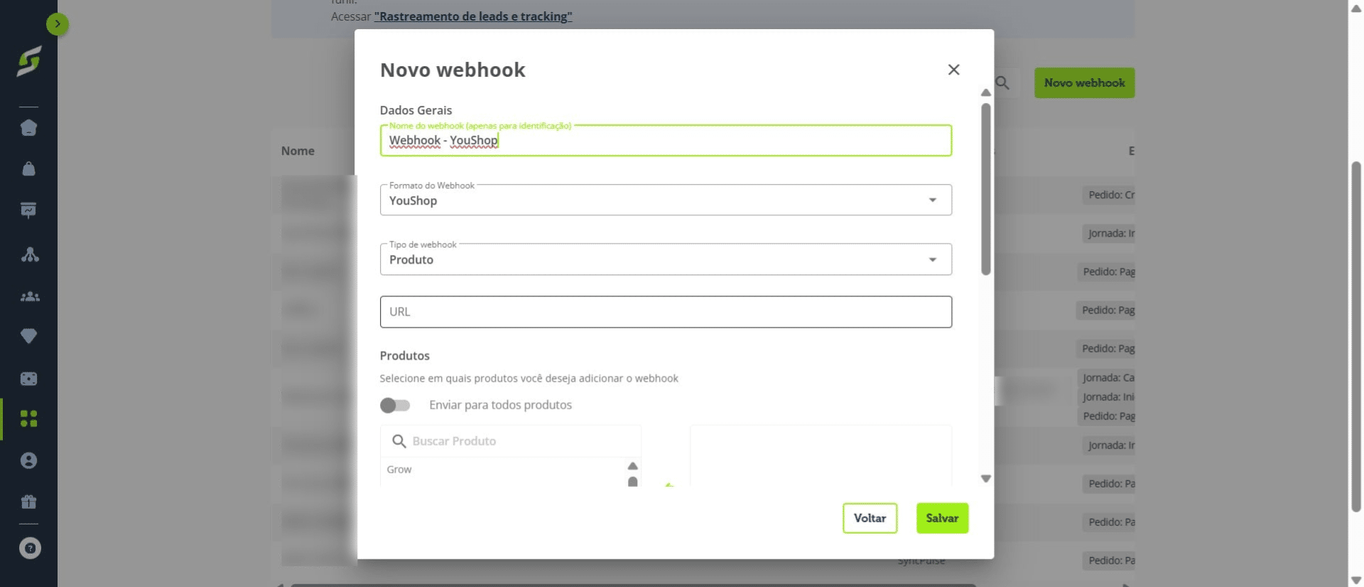 Informe um **nome para o webhook**. Esse nome serve apenas para facilitar sua identificação.