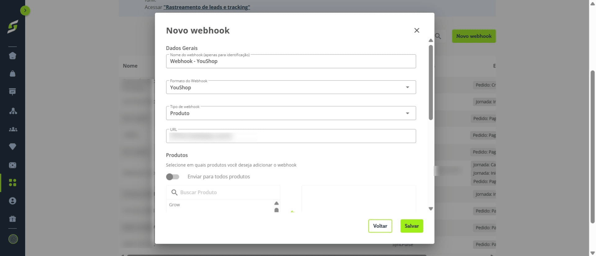 Informe a **URL de destino**. É o endereço para onde a YouShop enviará as informações dos eventos selecionados.