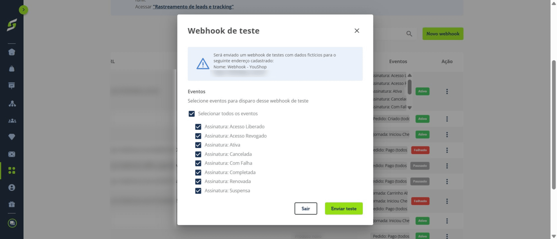 Clique em **“Enviar teste”** para enviar os dados para a **URL configurada**.