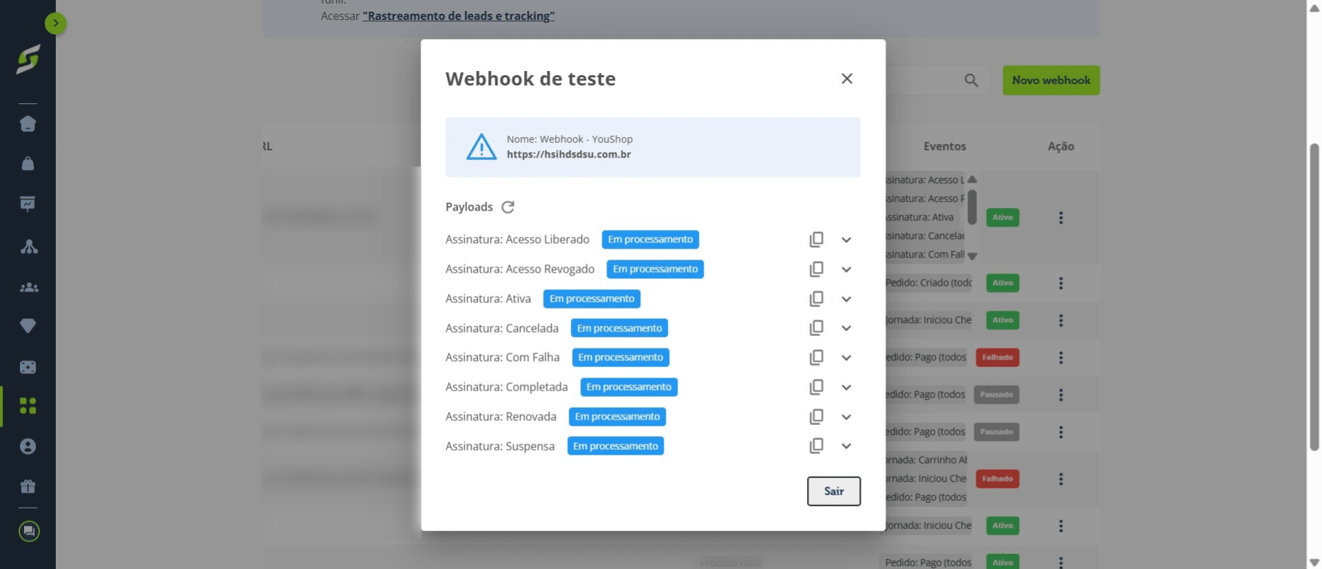 Verifique os **eventos enviados** e o **status de cada evento** para confirmar se o teste foi realizado corretamente.