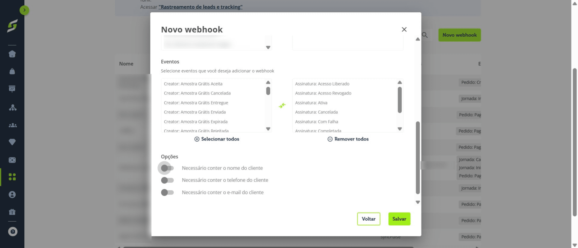 Defina se deseja tornar **nome, e-mail e telefone obrigatórios**. Ative as opções desejadas ou deixe-as desativadas caso não sejam necessárias.