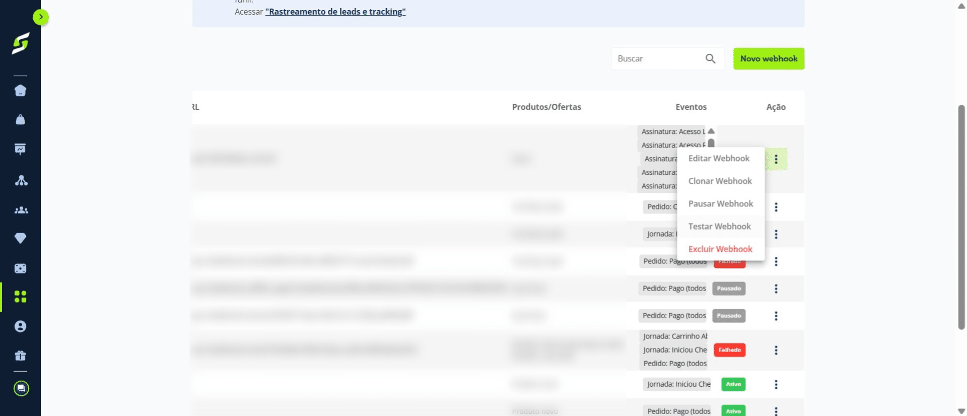 Clique em **“Testar Webhook”**.