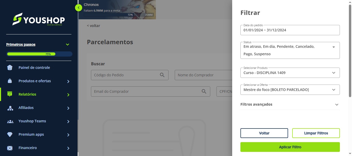 Selecione:
&nbsp;
- Status
- Produto
- Oferta 
&nbsp;

&nbsp;
Em seguida, clique em "Aplicar filtro".