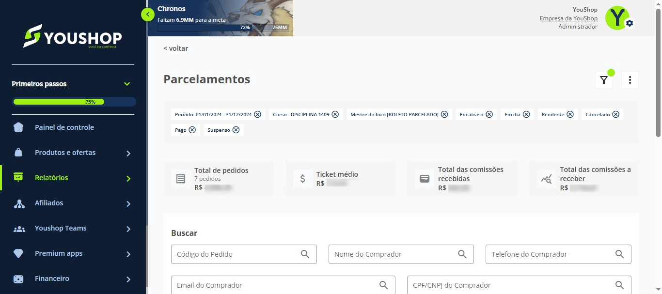 Essa tela mostra informações como total de pedidos, ticket médio e total de comissões recebidas e a receber no período.